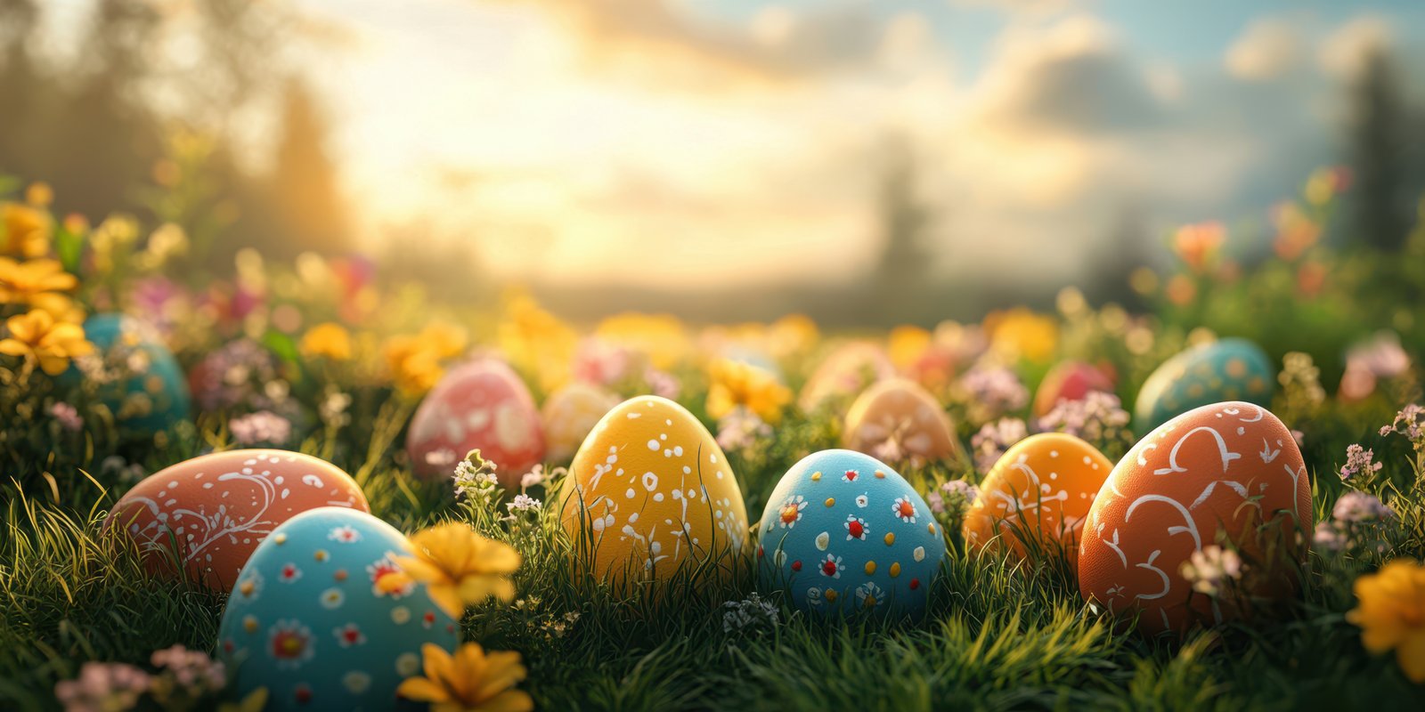 Colorful Easter eggs scattered among vibrant spring flowers during sunset in a serene outdoor setting